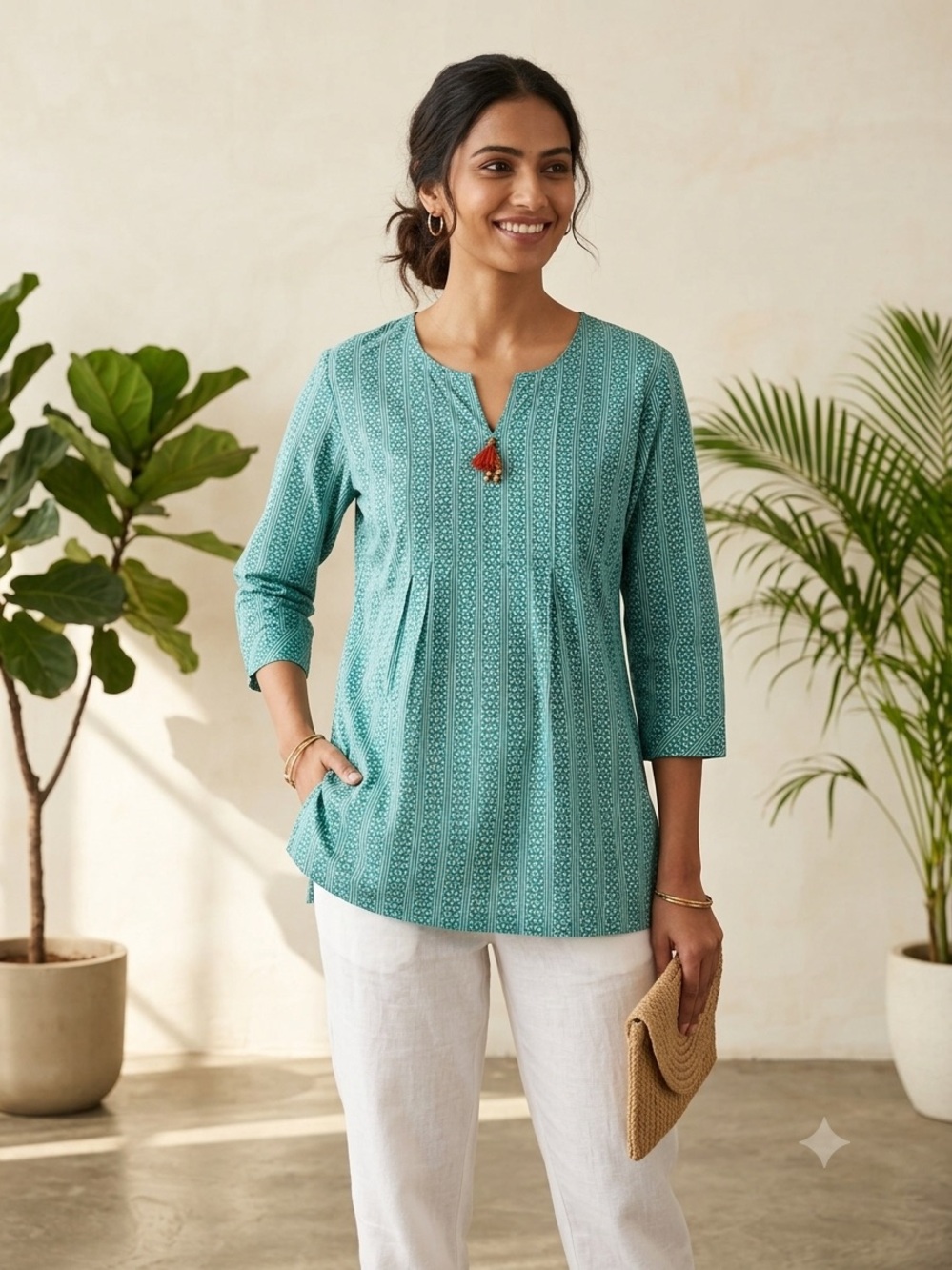 Fabindia Cotton Kurta Shirt XL Teal Blue Hand Block Print Pleated Tunic